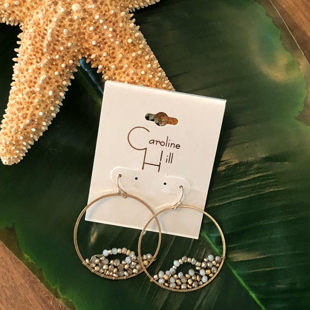 Gold Tone Drop Hoop Earrings with Bead Detail
